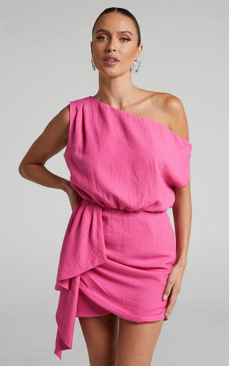 Showpo Niana Mini Dress - Drape One Shoulder Dress Pink | VROWNI356