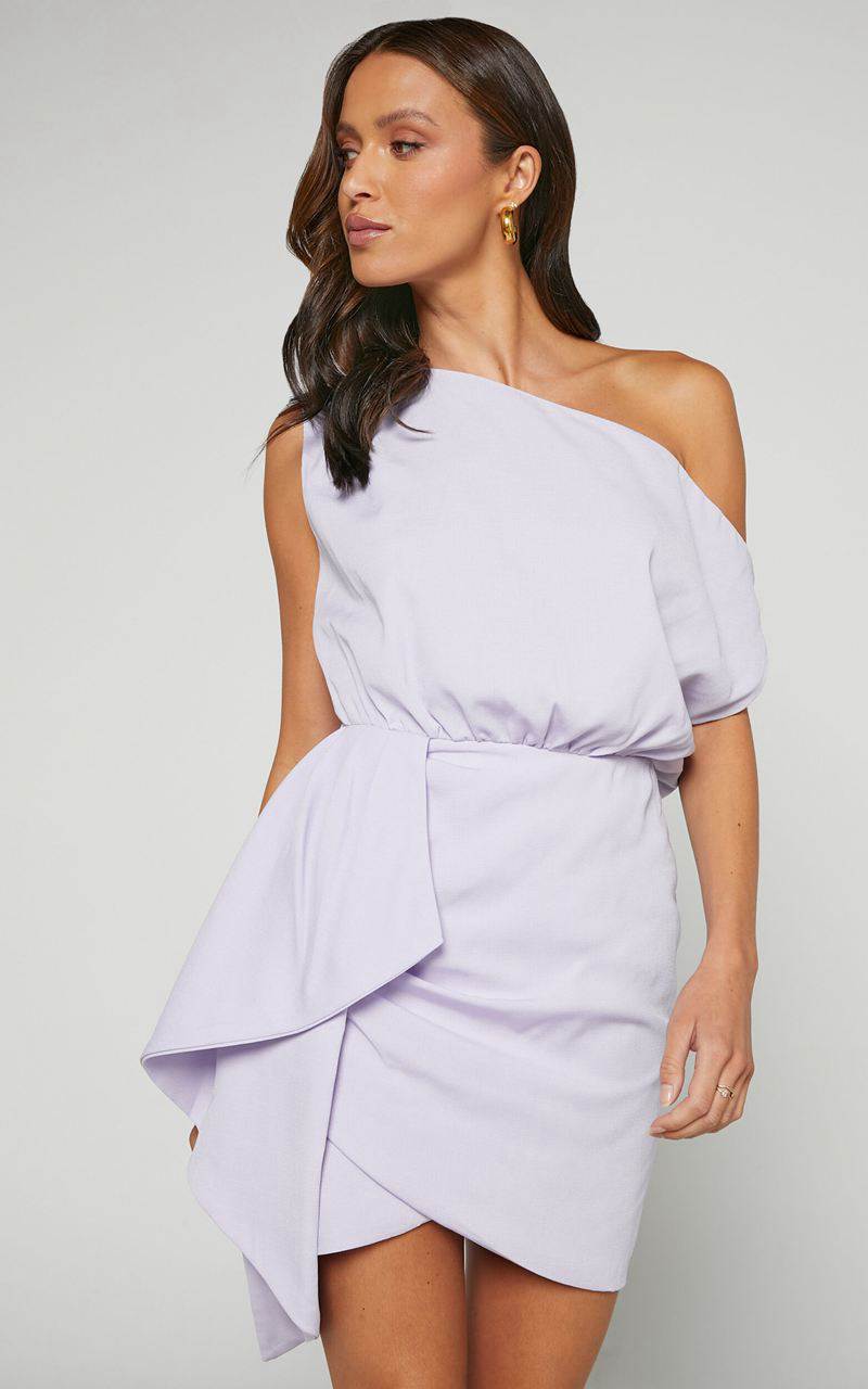 Showpo Niana Mini Dress - Drape One Shoulder Dress Lilac | GDYBZU372