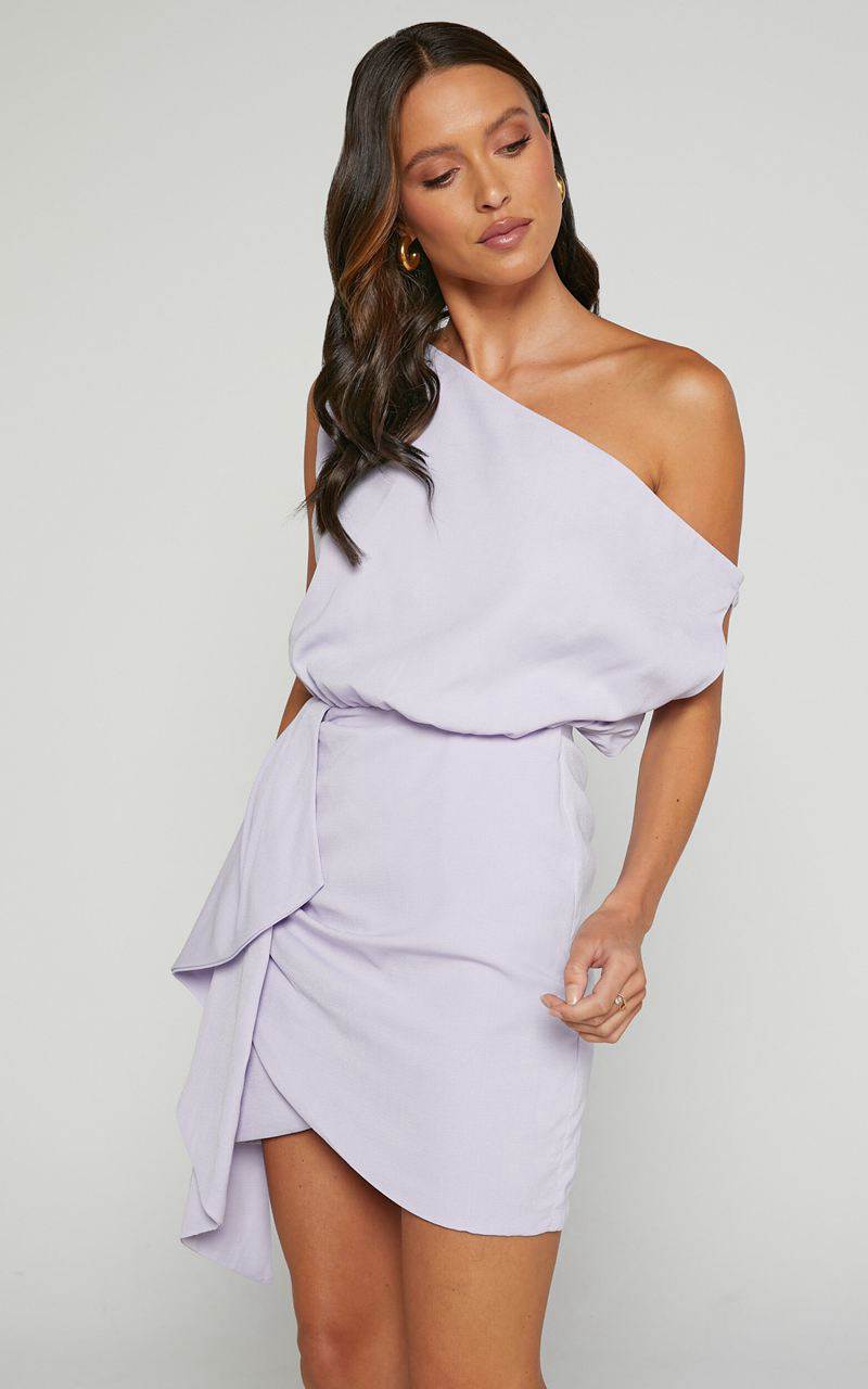 Showpo Niana Mini Dress - Drape One Shoulder Dress Lilac | GDYBZU372