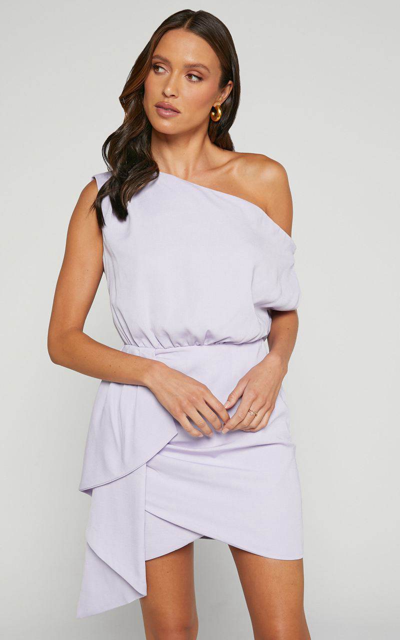 Showpo Niana Mini Dress - Drape One Shoulder Dress Lilac | GDYBZU372