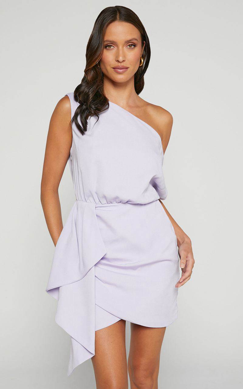 Showpo Niana Mini Dress - Drape One Shoulder Dress Lilac | GDYBZU372