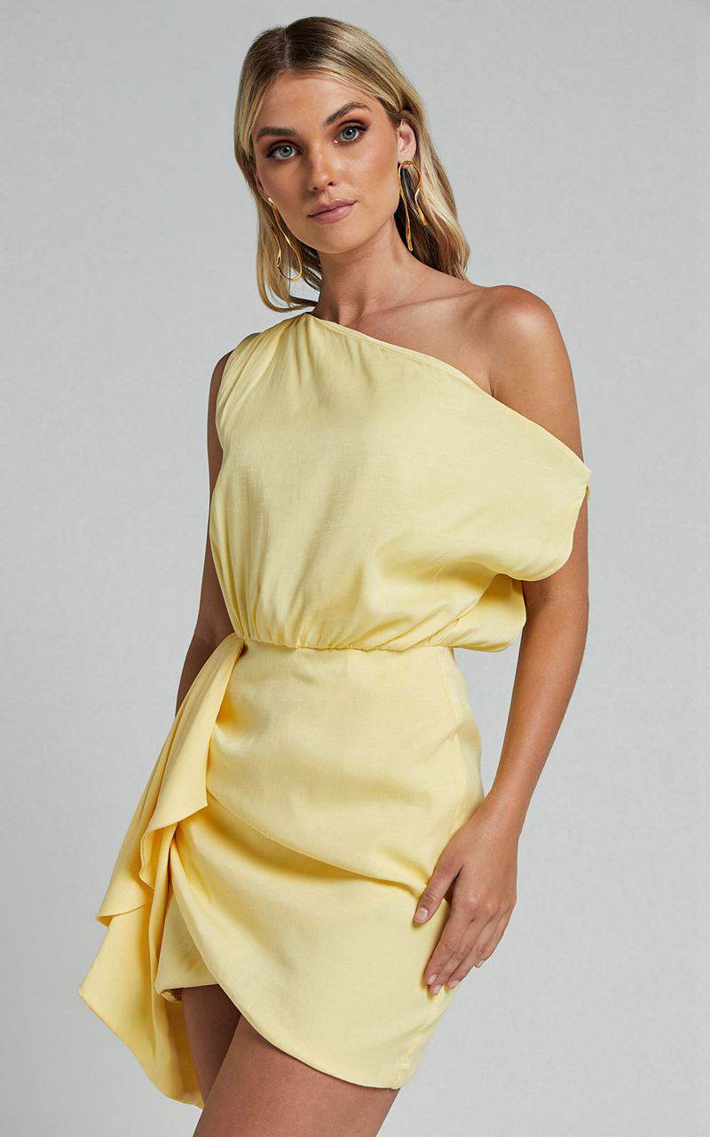 Showpo Niana Mini Dress - Drape One Shoulder Dress Lemon | NGCLBE184