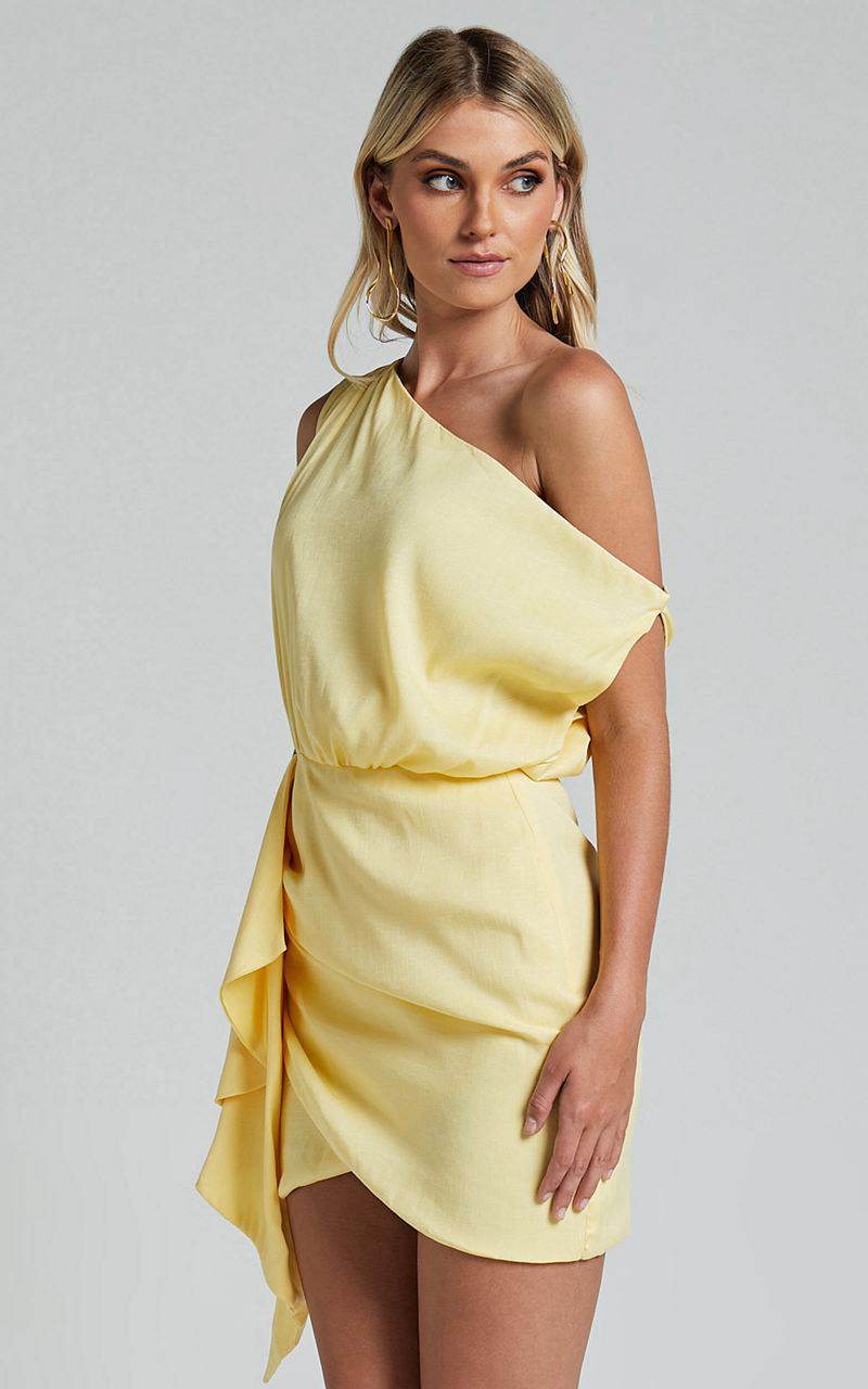 Showpo Niana Mini Dress - Drape One Shoulder Dress Lemon | NGCLBE184