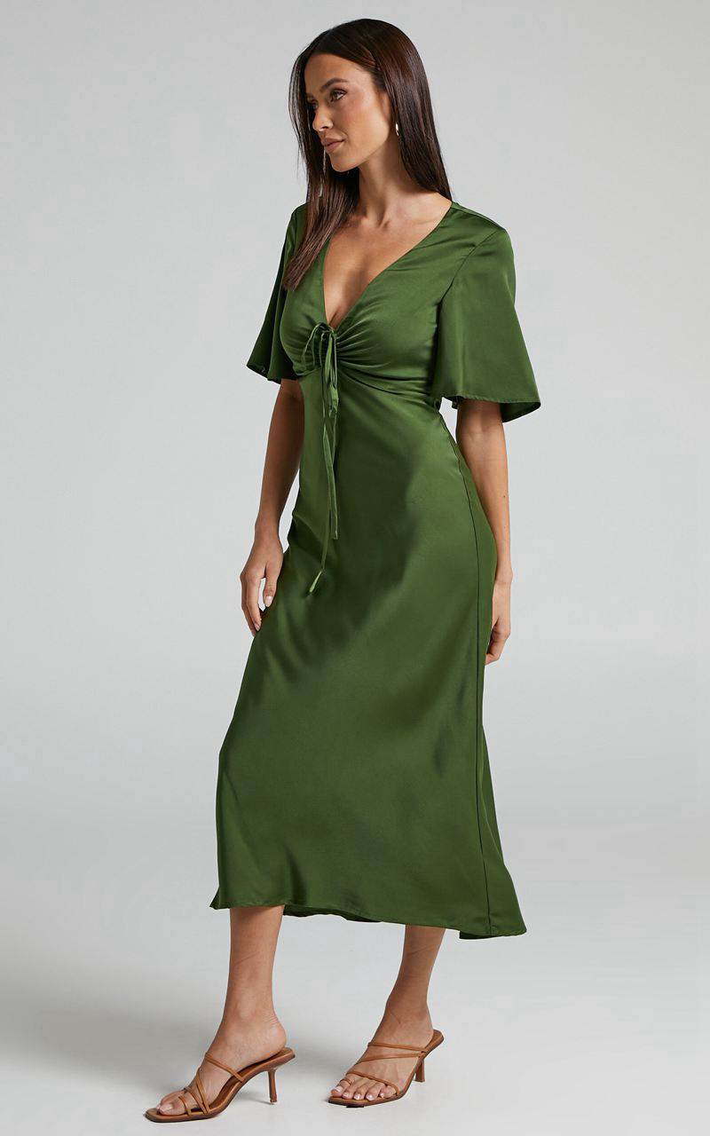 Showpo Nicholla Midi Dress - Ruched Front Angel Sleeve Slip Dress Olive | FDVQXJ531