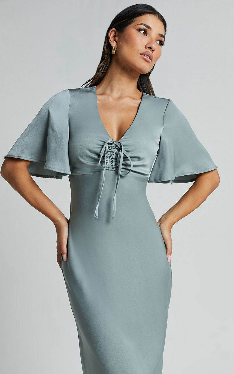 Showpo Nicholla Midi Dress - Ruched Front Angel Sleeve Slip Dress Sage | NKROGP413