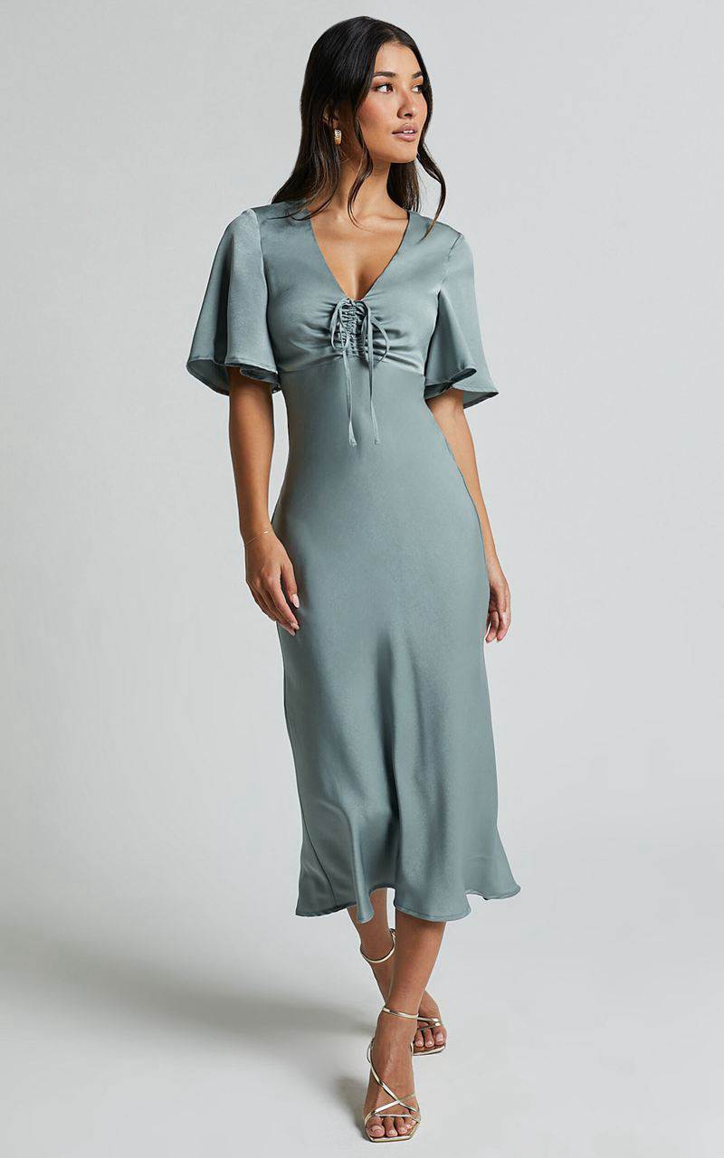 Showpo Nicholla Midi Dress - Ruched Front Angel Sleeve Slip Dress Sage | NKROGP413