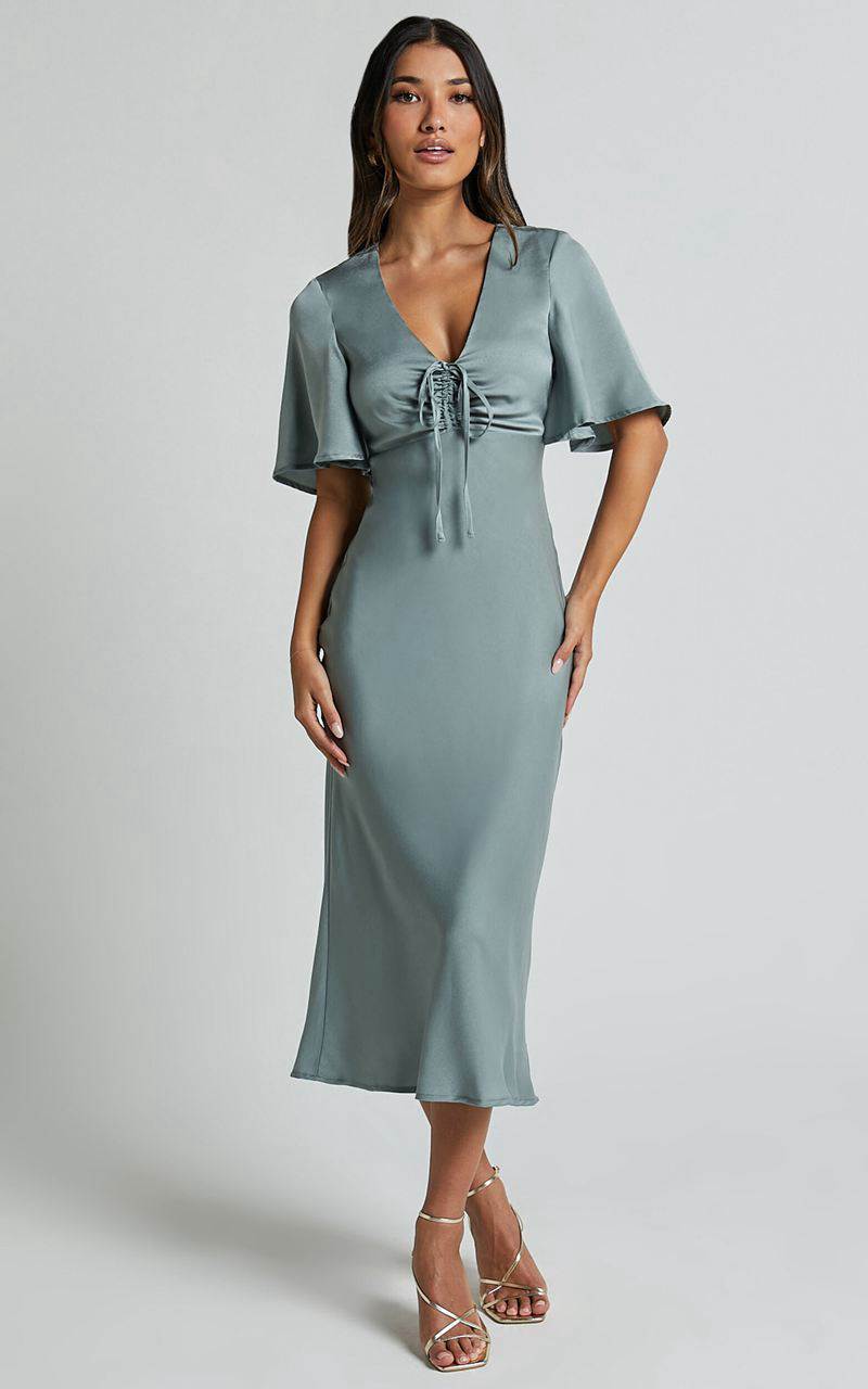 Showpo Nicholla Midi Dress - Ruched Front Angel Sleeve Slip Dress Sage | NKROGP413