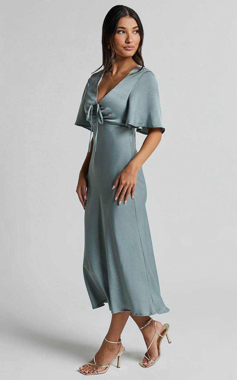 Showpo Nicholla Midi Dress - Ruched Front Angel Sleeve Slip Dress Sage | NKROGP413