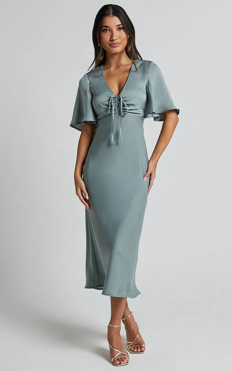 Showpo Nicholla Midi Dress - Ruched Front Angel Sleeve Slip Dress Sage | NKROGP413