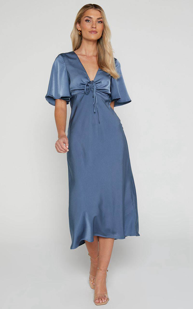 Showpo Nicholla Midi Dress - Ruched Front Angel Sleeve Slip Dress Steel Blue | UVEYXM367