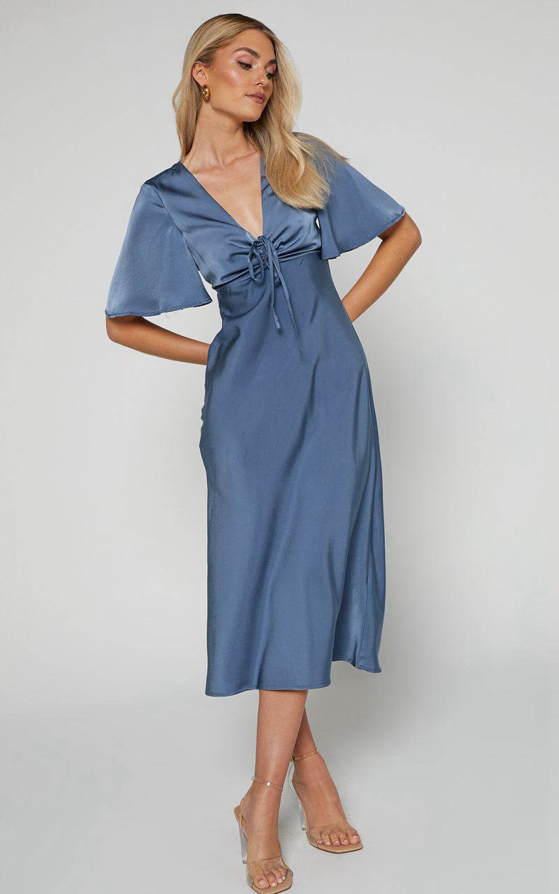 Showpo Nicholla Midi Dress - Ruched Front Angel Sleeve Slip Dress Steel Blue | UVEYXM367