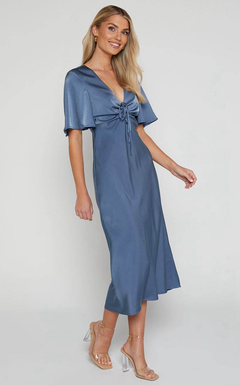 Showpo Nicholla Midi Dress - Ruched Front Angel Sleeve Slip Dress Steel Blue | UVEYXM367