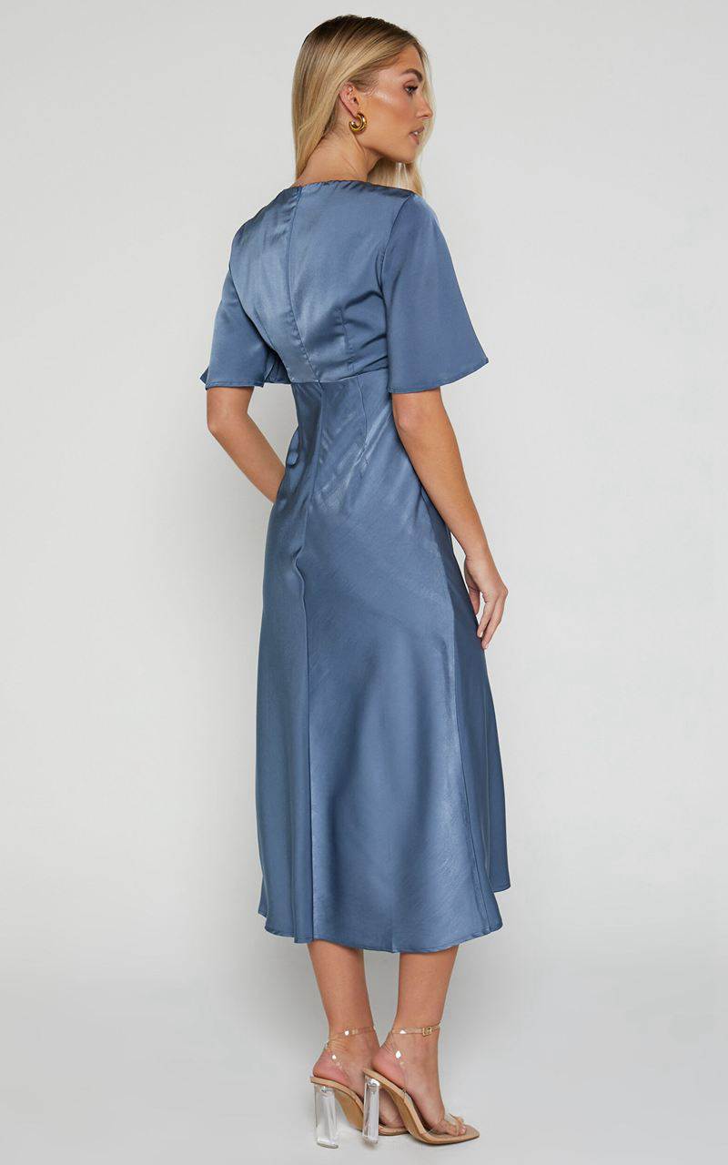 Showpo Nicholla Midi Dress - Ruched Front Angel Sleeve Slip Dress Steel Blue | UVEYXM367