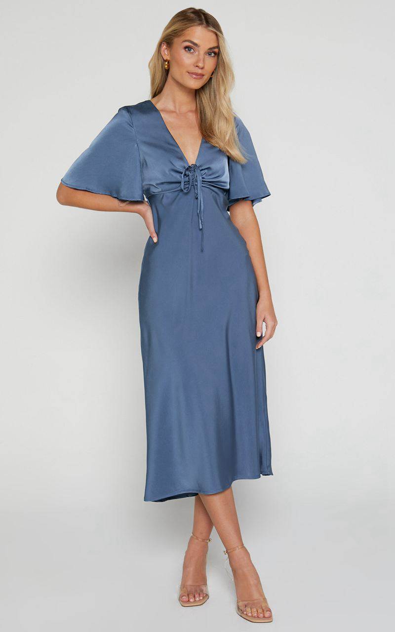 Showpo Nicholla Midi Dress - Ruched Front Angel Sleeve Slip Dress Steel Blue | UVEYXM367