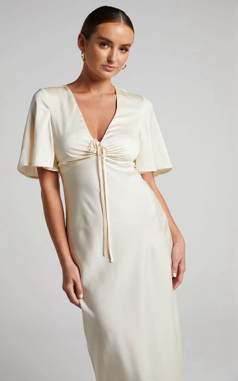 Showpo Nicholla Midi Dress - Ruched Front Angel Sleeve Slip Dress Champagne | ATMVSK159