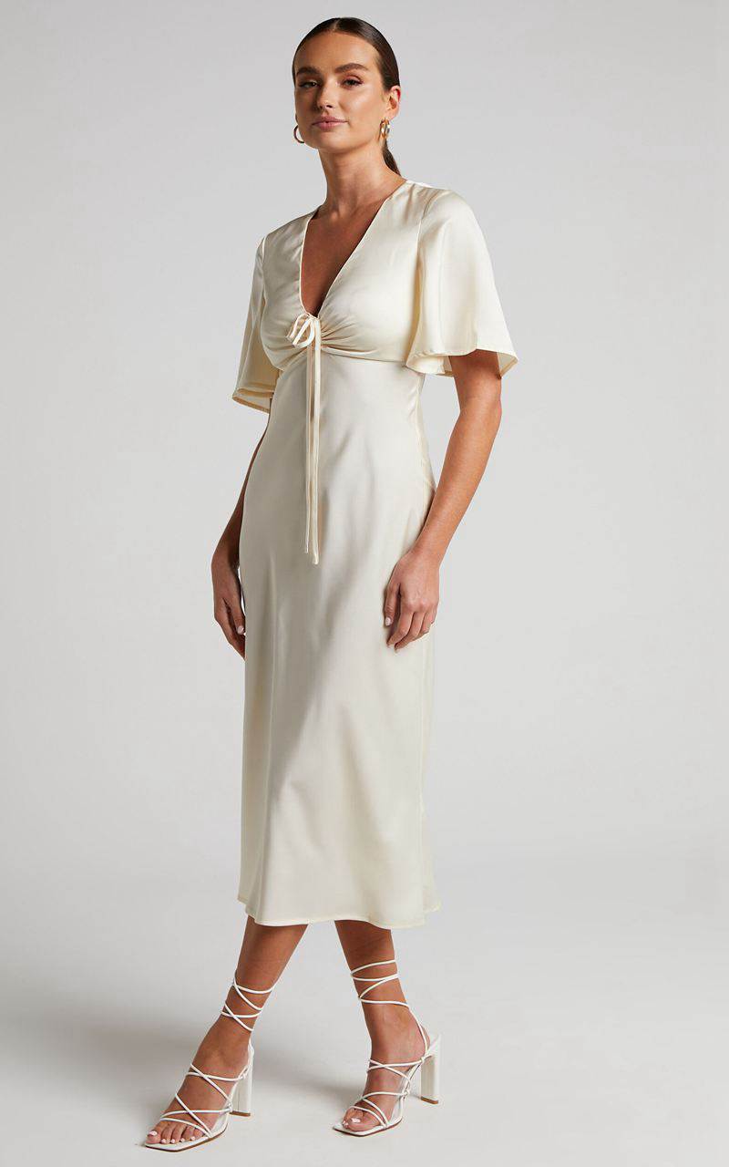 Showpo Nicholla Midi Dress - Ruched Front Angel Sleeve Slip Dress Champagne | ATMVSK159