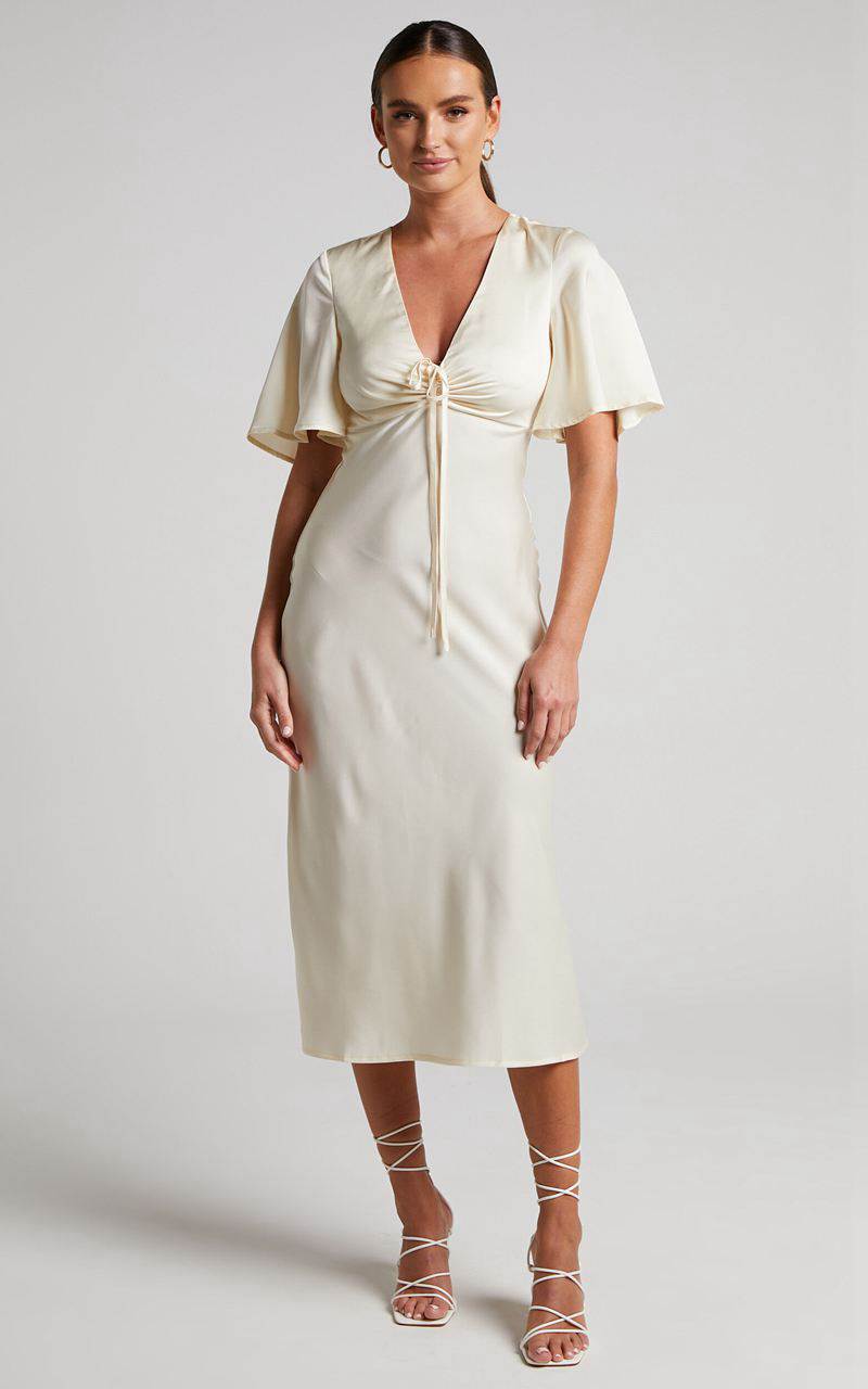 Showpo Nicholla Midi Dress - Ruched Front Angel Sleeve Slip Dress Champagne | ATMVSK159