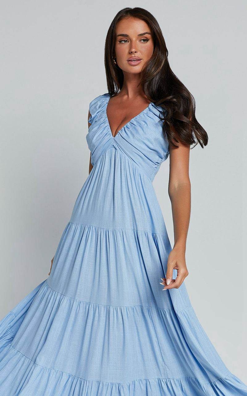 Showpo Nicollee Midi Dress - Plunge Neck Sleeveless Tiered Dress Blue | LEAUID196