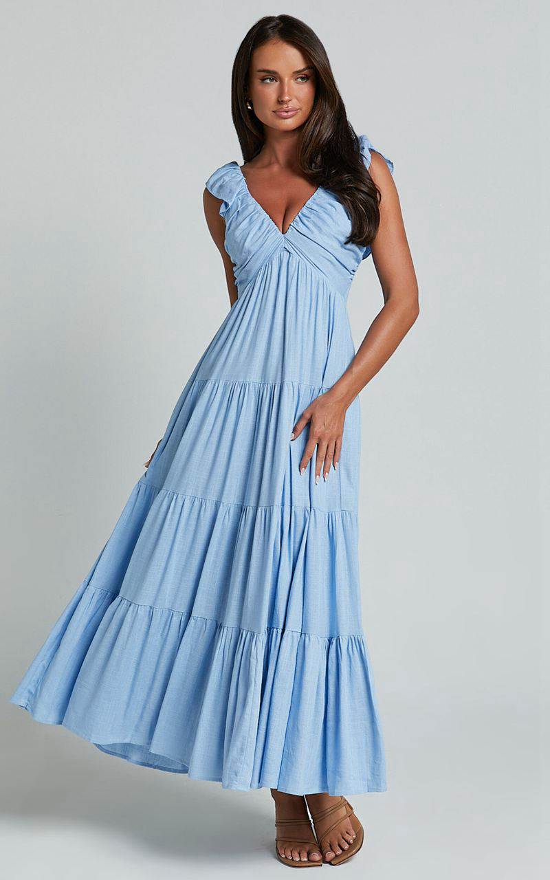 Showpo Nicollee Midi Dress - Plunge Neck Sleeveless Tiered Dress Blue | LEAUID196