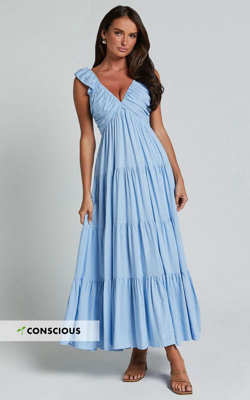 Showpo Nicollee Midi Dress - Plunge Neck Sleeveless Tiered Dress Blue | LEAUID196