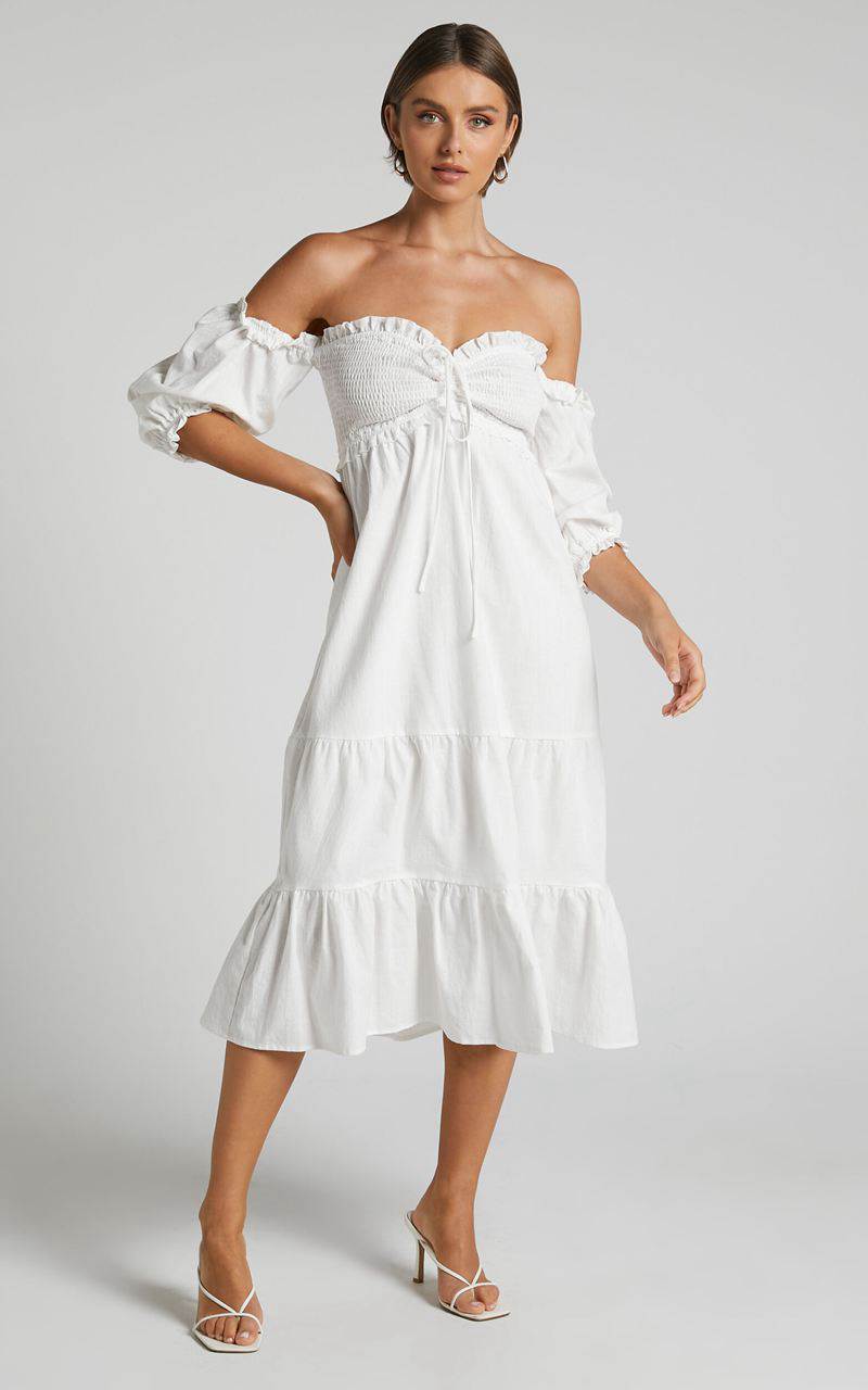 Showpo Nikka Midi Dress - Shirred Off Shoulder Puff Sleeve Dress White | LNQVTO052