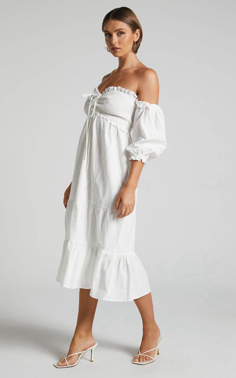 Showpo Nikka Midi Dress - Shirred Off Shoulder Puff Sleeve Dress White | LNQVTO052