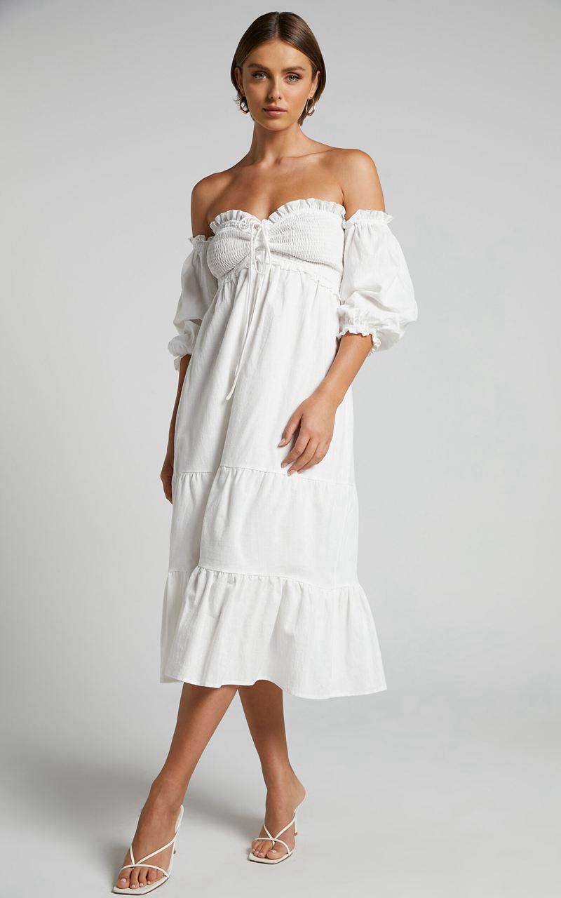 Showpo Nikka Midi Dress - Shirred Off Shoulder Puff Sleeve Dress White | LNQVTO052