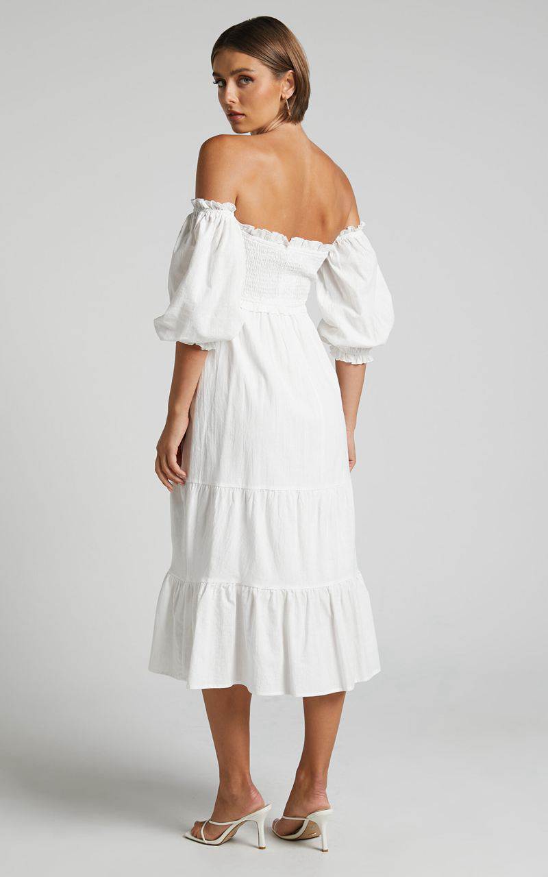 Showpo Nikka Midi Dress - Shirred Off Shoulder Puff Sleeve Dress White | LNQVTO052