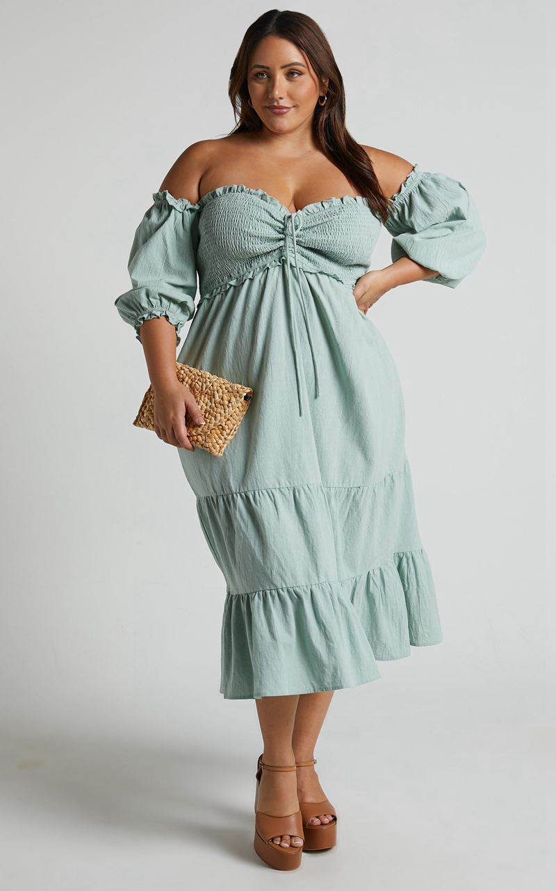 Showpo Nikka Midi Dress - Shirred Off Shoulder Puff Sleeve Dress Sage | APUYTK578