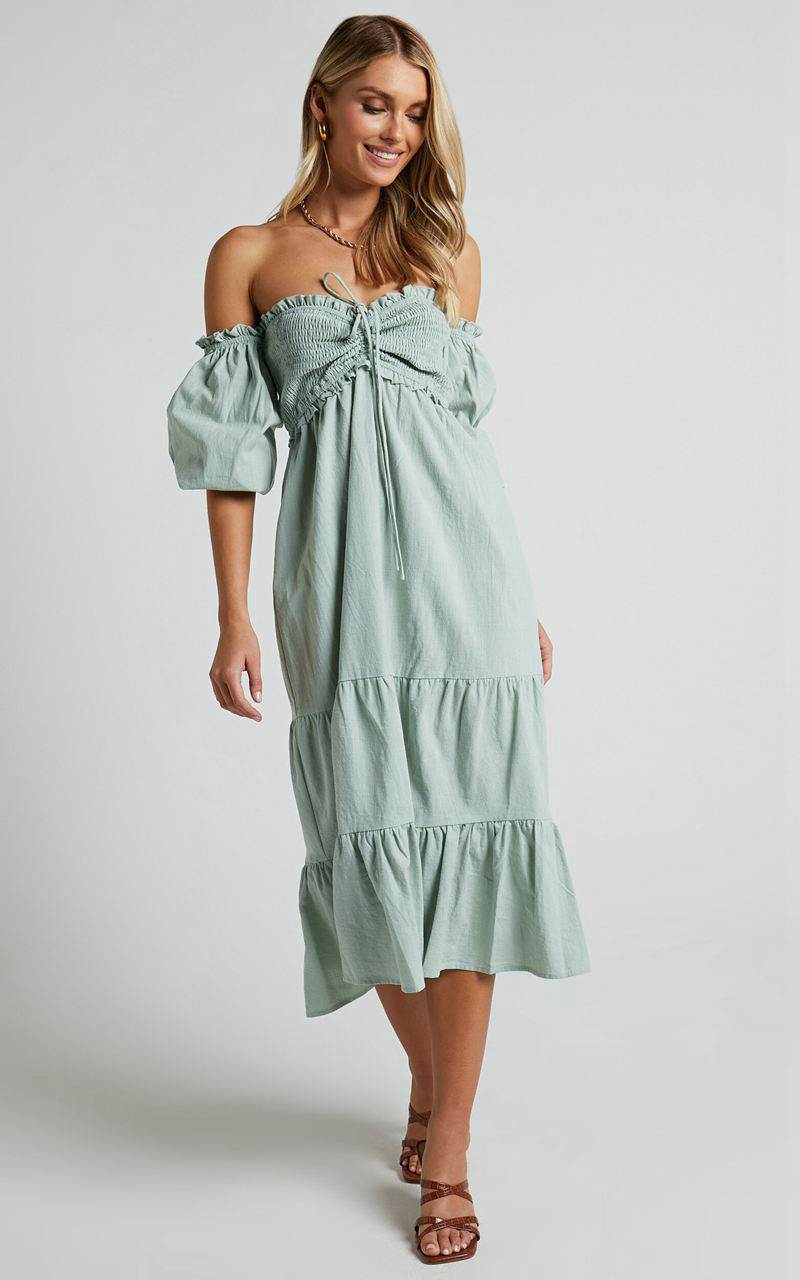 Showpo Nikka Midi Dress - Shirred Off Shoulder Puff Sleeve Dress Sage | APUYTK578