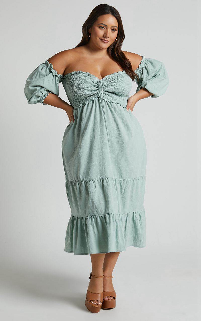 Showpo Nikka Midi Dress - Shirred Off Shoulder Puff Sleeve Dress Sage | APUYTK578