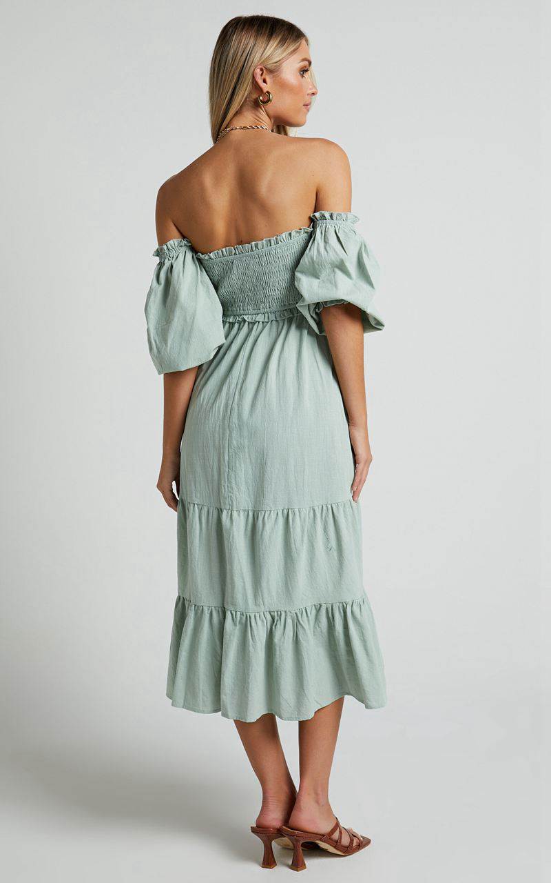 Showpo Nikka Midi Dress - Shirred Off Shoulder Puff Sleeve Dress Sage | APUYTK578