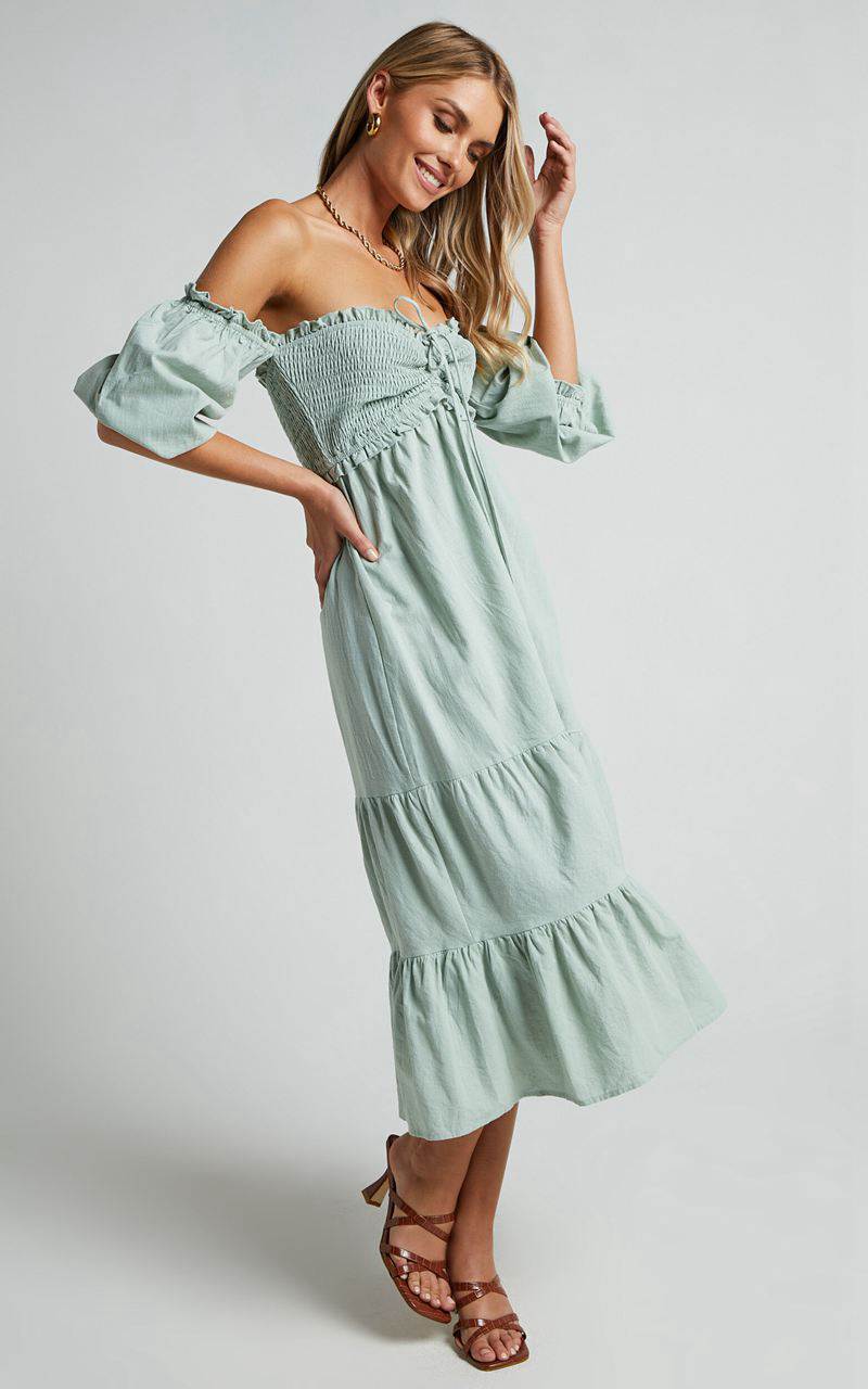 Showpo Nikka Midi Dress - Shirred Off Shoulder Puff Sleeve Dress Sage | APUYTK578