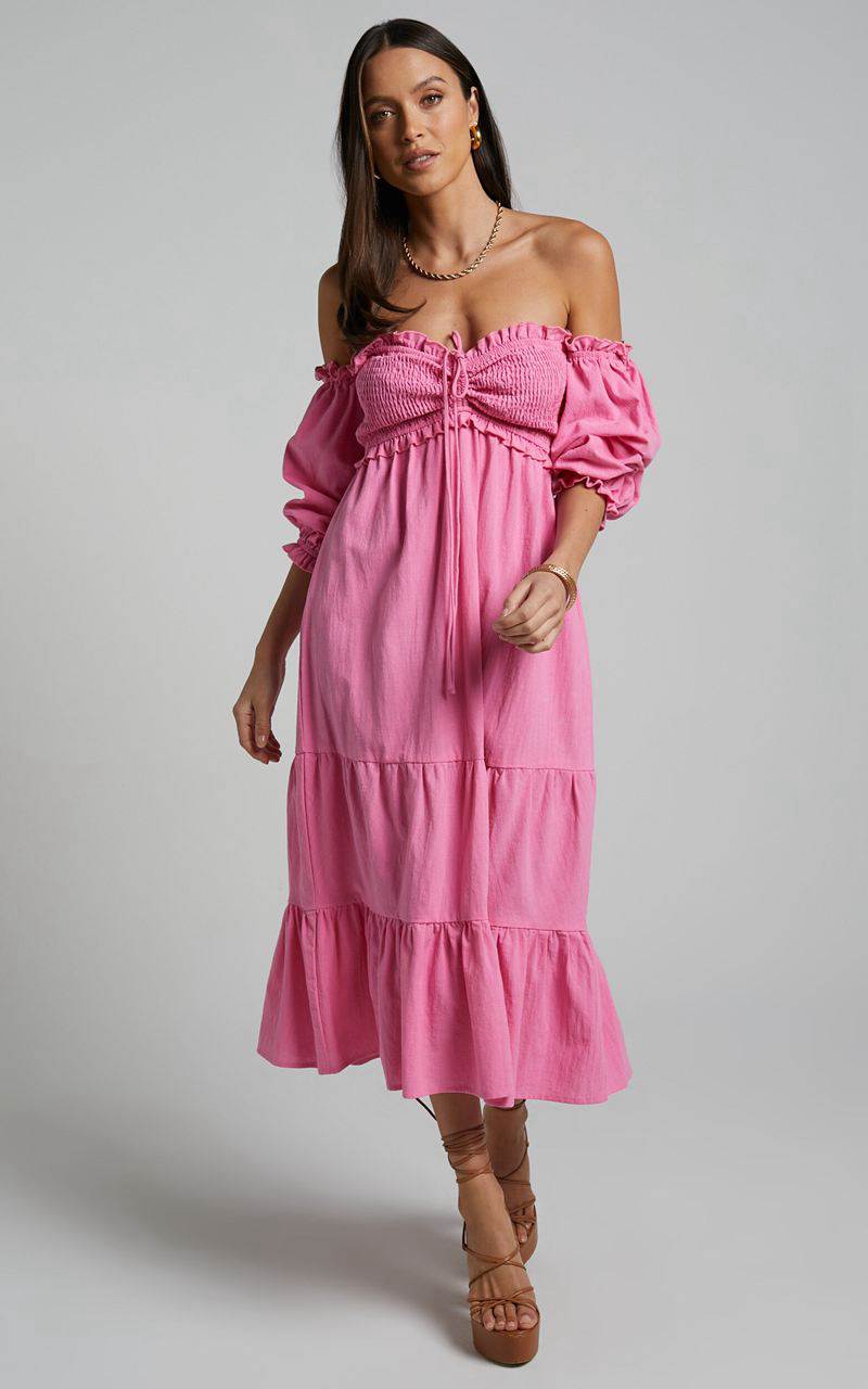 Showpo Nikka Midi Dress - Shirred Off Shoulder Puff Sleeve Dress Pink | GTUJAH138