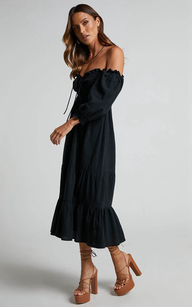 Showpo Nikka Midi Dress - Shirred Off Shoulder Puff Sleeve Dress Black | LCRGJY710