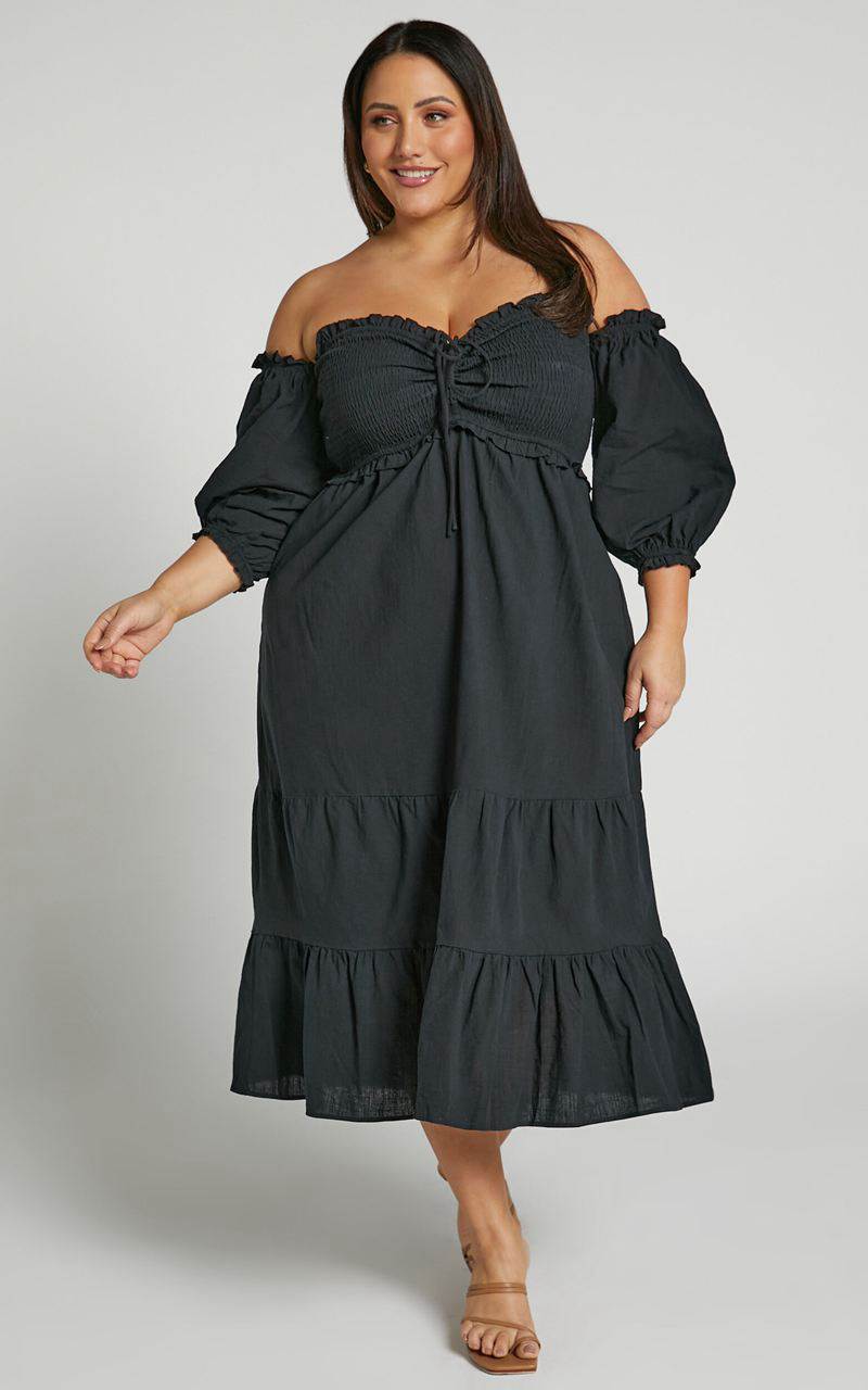 Showpo Nikka Midi Dress - Shirred Off Shoulder Puff Sleeve Dress Black | LCRGJY710