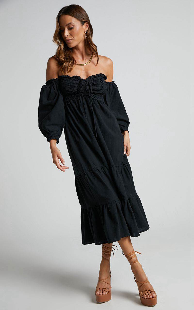 Showpo Nikka Midi Dress - Shirred Off Shoulder Puff Sleeve Dress Black | LCRGJY710