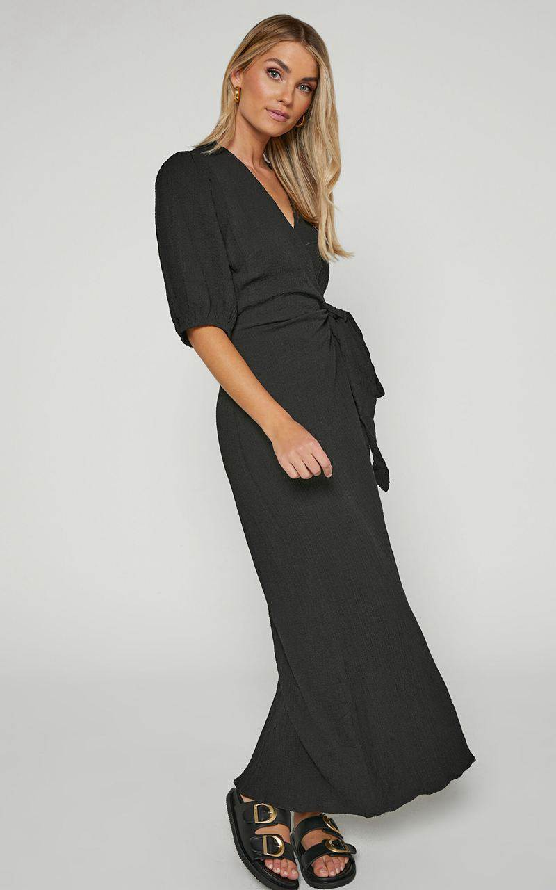 Showpo Nikkita Midi Dress - Puff Sleeve Wrap Dress Black | UTSOVP147