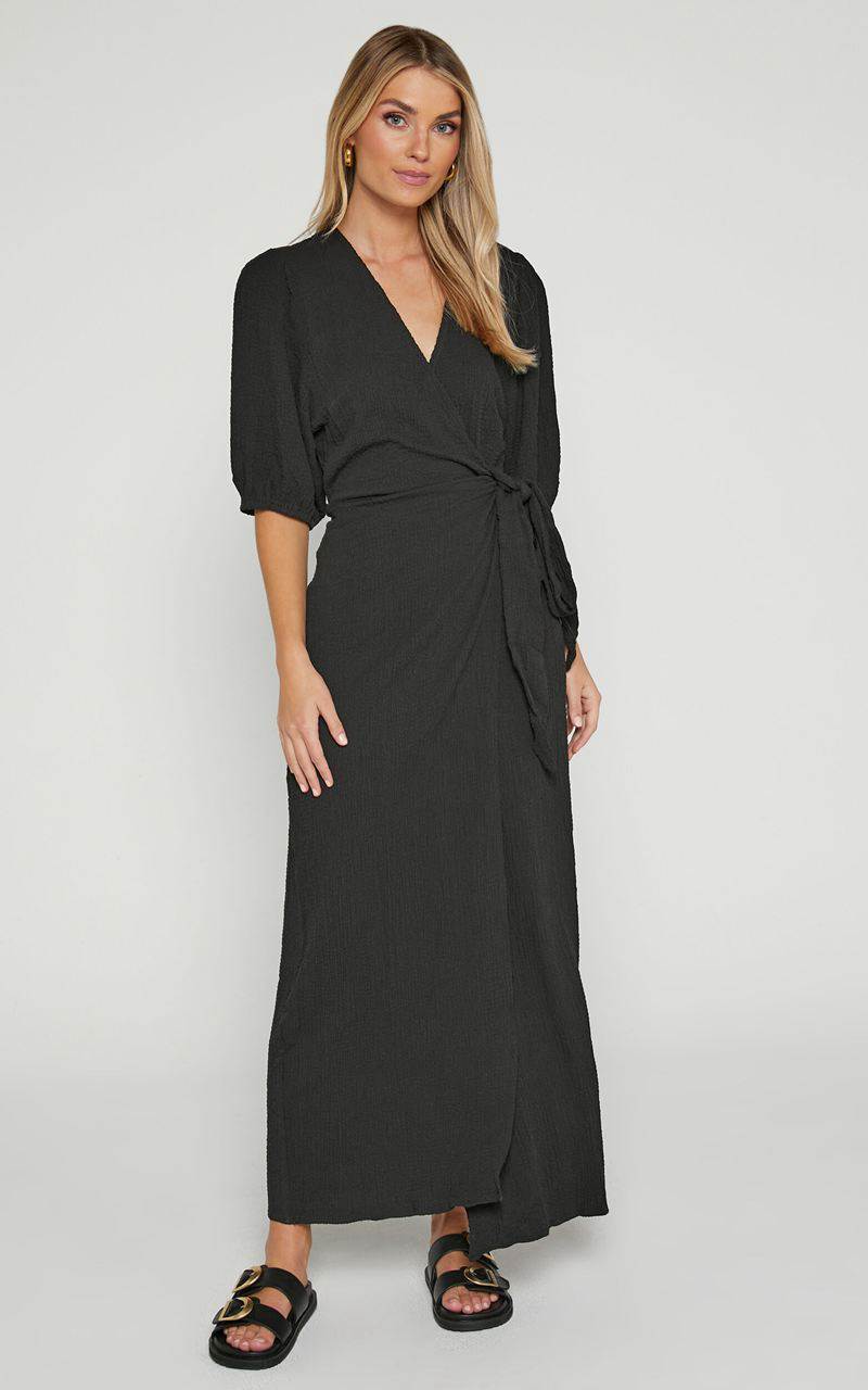 Showpo Nikkita Midi Dress - Puff Sleeve Wrap Dress Black | UTSOVP147