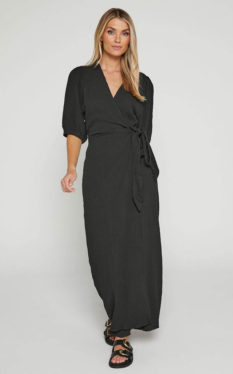 Showpo Nikkita Midi Dress - Puff Sleeve Wrap Dress Black | UTSOVP147