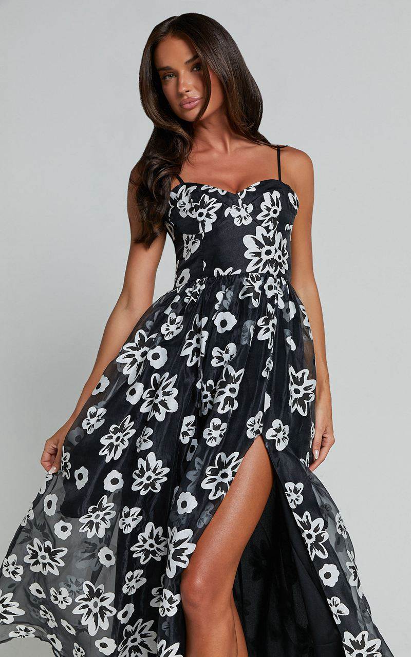 Showpo Nikky Midi Dress - Organza Full Skirt Dress Black Floral | OKRBFJ618