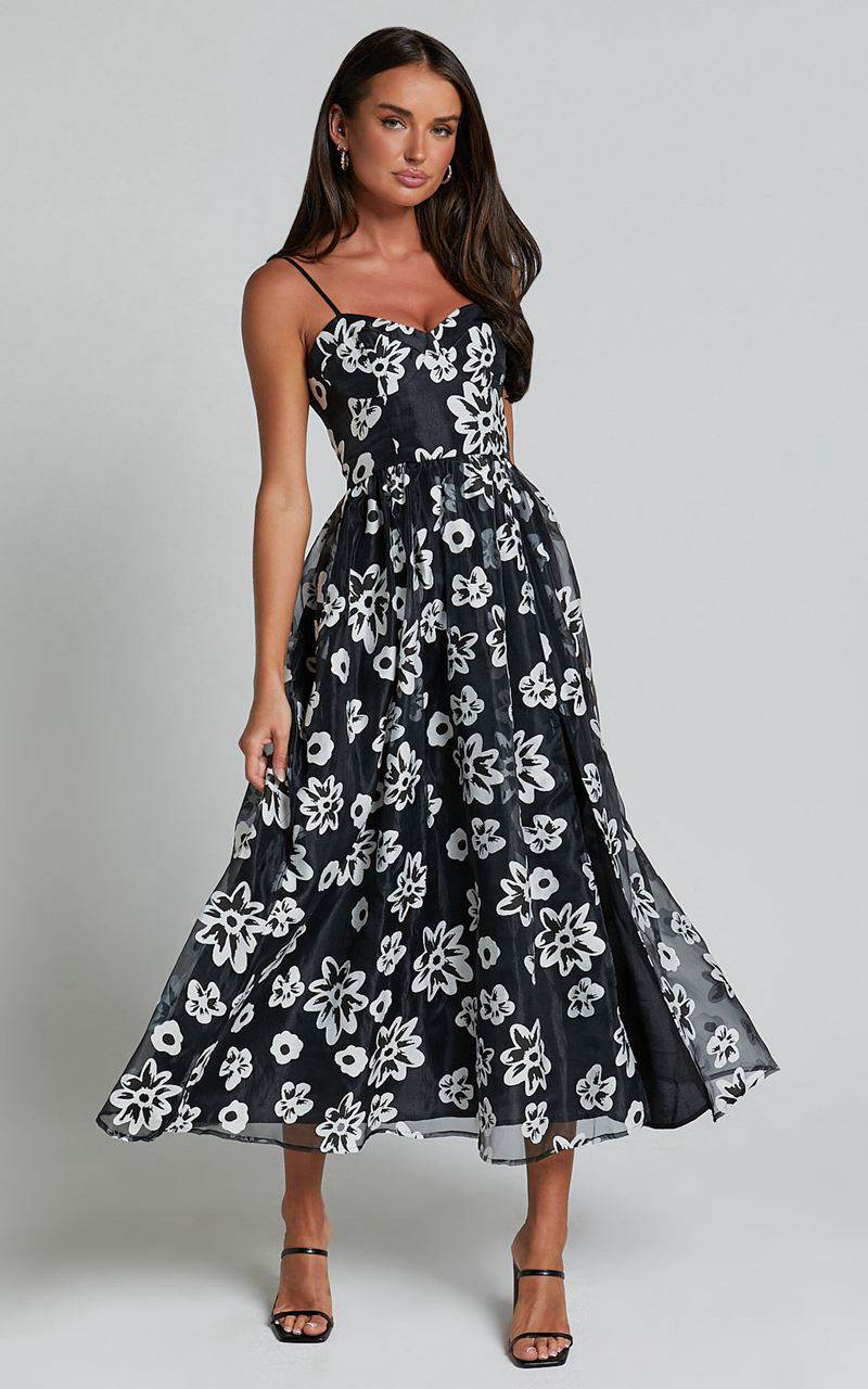 Showpo Nikky Midi Dress - Organza Full Skirt Dress Black Floral | OKRBFJ618