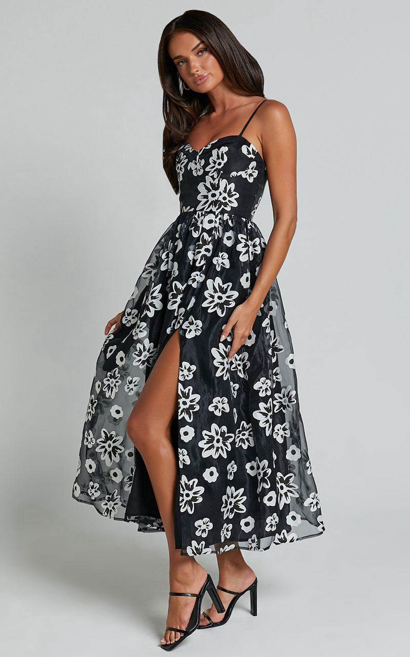 Showpo Nikky Midi Dress - Organza Full Skirt Dress Black Floral | OKRBFJ618