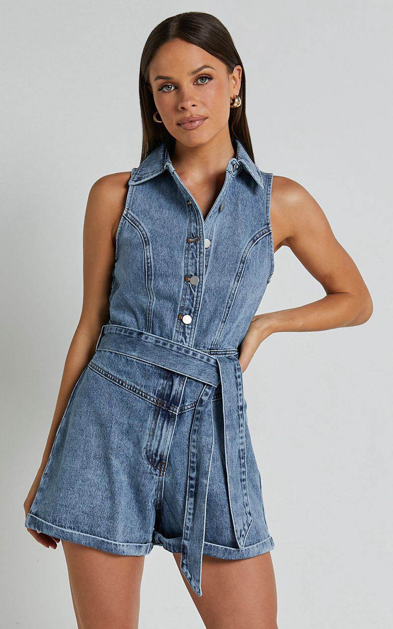 Showpo Nilsen Playsuit - Button Through Tie Waist Denim Playsuit Mid Blue Wash | OGVYNT528