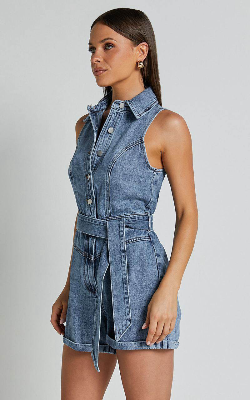 Showpo Nilsen Playsuit - Button Through Tie Waist Denim Playsuit Mid Blue Wash | OGVYNT528