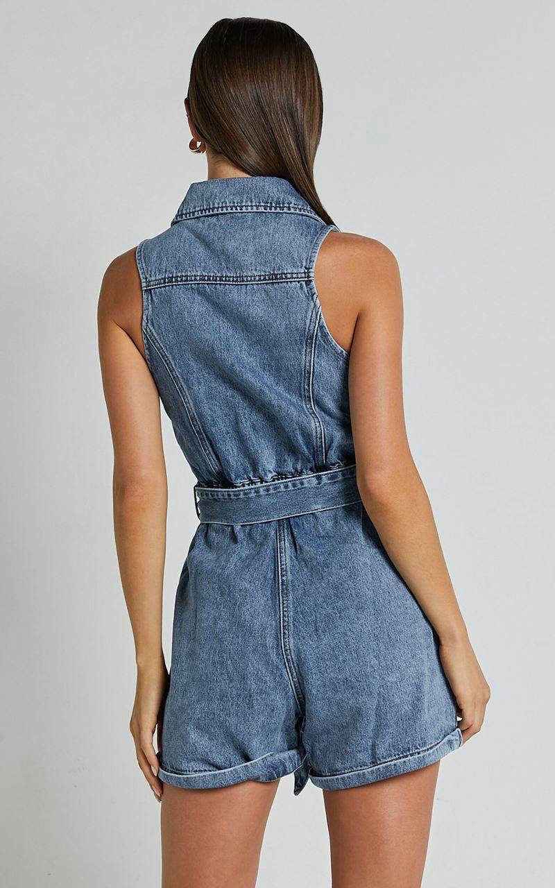 Showpo Nilsen Playsuit - Button Through Tie Waist Denim Playsuit Mid Blue Wash | OGVYNT528