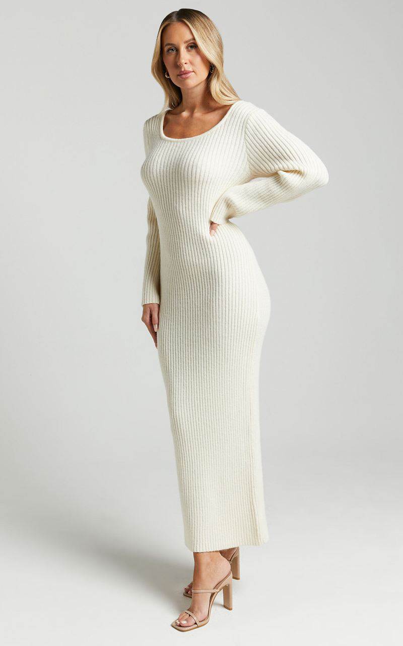 Showpo Nina Knitted Maxi Dress - Scoop Neck Knitted Maxi Dress Beige | UMSNEL794