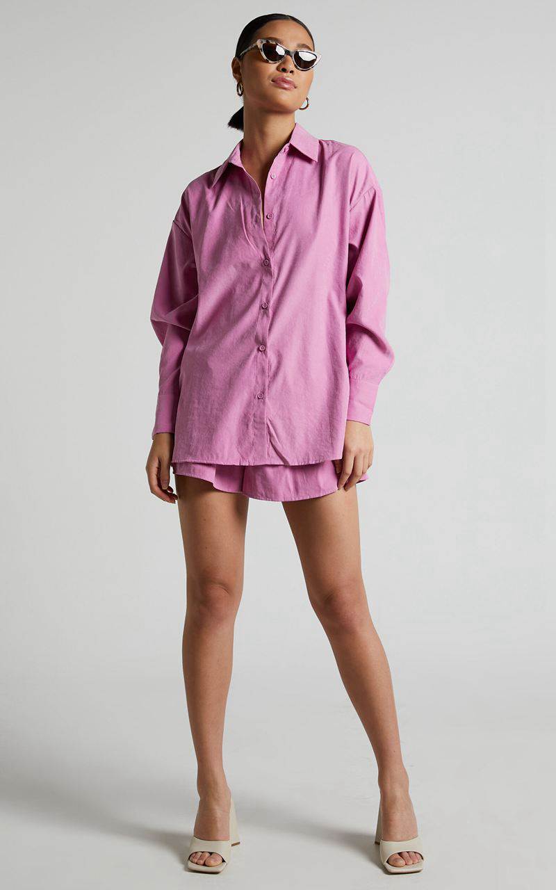 Showpo Niobe Shirt - Relaxed Button Up Long Sleeve Shirt Pink | YNKLSX275