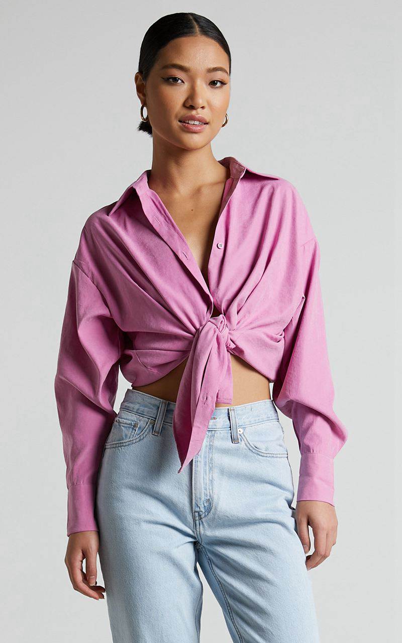 Showpo Niobe Shirt - Relaxed Button Up Long Sleeve Shirt Pink | YNKLSX275