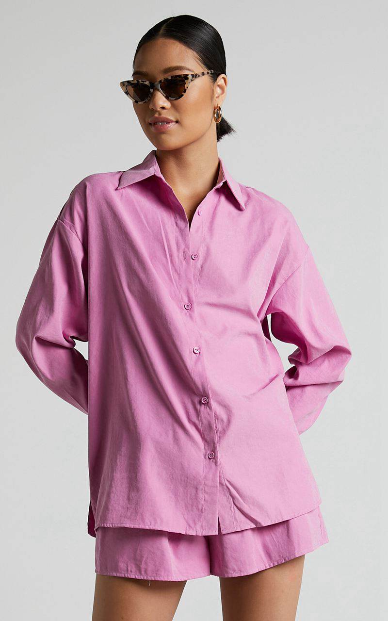 Showpo Niobe Shirt - Relaxed Button Up Long Sleeve Shirt Pink | YNKLSX275